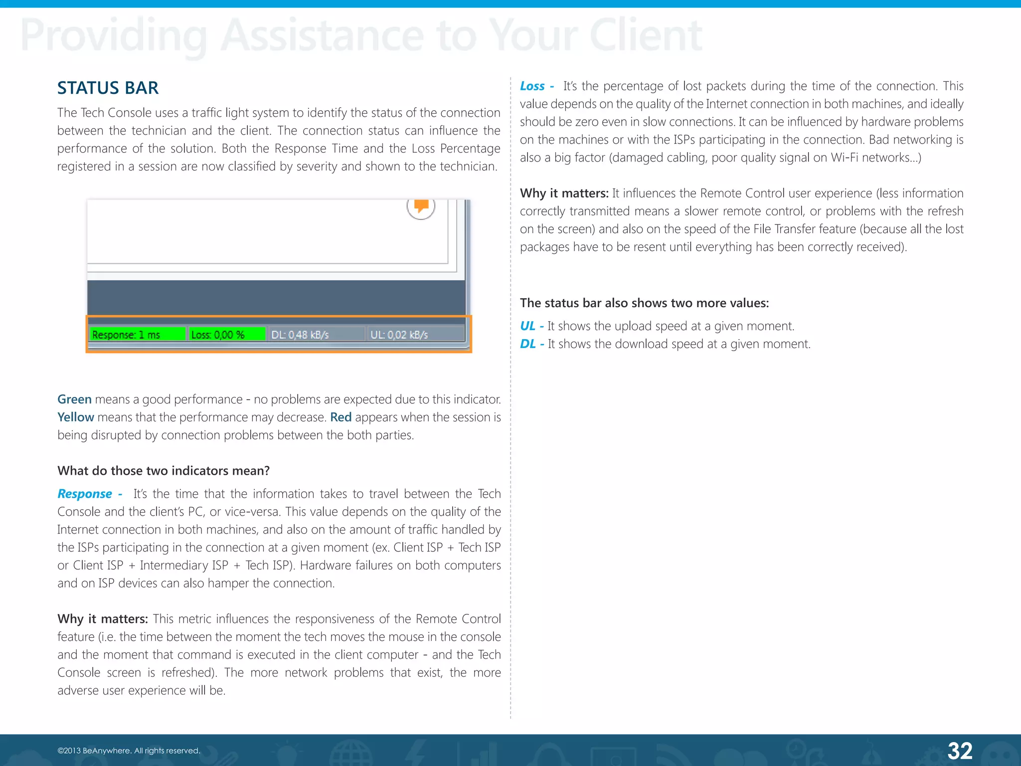 32©2013 BeAnywhere. All rights reserved.
STATUS BAR
The Tech Console uses a traffic light system to identify the status of the connection
between the technician and the client. The connection status can influence the
performance of the solution. Both the Response Time and the Loss Percentage
registered in a session are now classified by severity and shown to the technician.
Green means a good performance - no problems are expected due to this indicator.
Yellow means that the performance may decrease. Red appears when the session is
being disrupted by connection problems between the both parties.
What do those two indicators mean?
Response - It’s the time that the information takes to travel between the Tech
Console and the client’s PC, or vice-versa. This value depends on the quality of the
Internet connection in both machines, and also on the amount of traffic handled by
the ISPs participating in the connection at a given moment (ex. Client ISP + Tech ISP
or Client ISP + Intermediary ISP + Tech ISP). Hardware failures on both computers
and on ISP devices can also hamper the connection.
Why it matters: This metric influences the responsiveness of the Remote Control
feature (i.e. the time between the moment the tech moves the mouse in the console
and the moment that command is executed in the client computer - and the Tech
Console screen is refreshed). The more network problems that exist, the more
adverse user experience will be.
Loss - It’s the percentage of lost packets during the time of the connection. This
value depends on the quality of the Internet connection in both machines, and ideally
should be zero even in slow connections. It can be influenced by hardware problems
on the machines or with the ISPs participating in the connection. Bad networking is
also a big factor (damaged cabling, poor quality signal on Wi-Fi networks…)
Why it matters: It influences the Remote Control user experience (less information
correctly transmitted means a slower remote control, or problems with the refresh
on the screen) and also on the speed of the File Transfer feature (because all the lost
packages have to be resent until everything has been correctly received).
The status bar also shows two more values:
UL - It shows the upload speed at a given moment.
DL - It shows the download speed at a given moment.
Providing Assistance to Your Client
 
