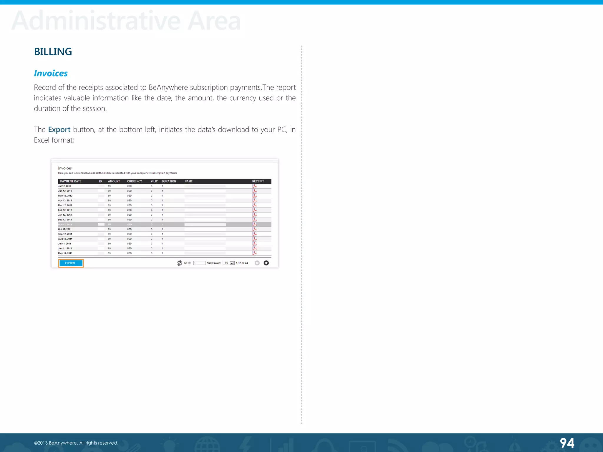 94©2013 BeAnywhere. All rights reserved.
BILLING
Invoices
Record of the receipts associated to BeAnywhere subscription payments.The report
indicates valuable information like the date, the amount, the currency used or the  
duration of the session.
The Export button, at the bottom left, initiates the data’s download to your PC, in
Excel format;
Administrative Area
 
