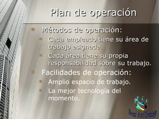 Plan de operación Métodos de operación: Cada empleado tiene su área de trabajo asignada. Cada área tiene su propia responsabilidad sobre su trabajo. Facilidades de operación: Amplio espacio de trabajo. La mejor tecnología del momento. Bear Art Design 