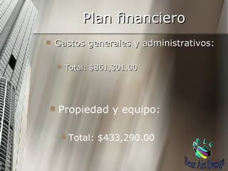 Plan financiero Gastos generales y administrativos:  Total: $861,301.00 Propiedad y equipo: Total: $433,290.00 Bear Art Design 