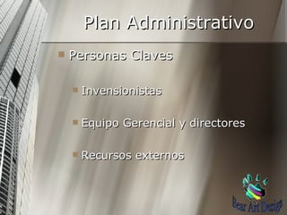Plan Administrativo Personas Claves Invensionistas Equipo Gerencial y directores Recursos externos Bear Art Design 
