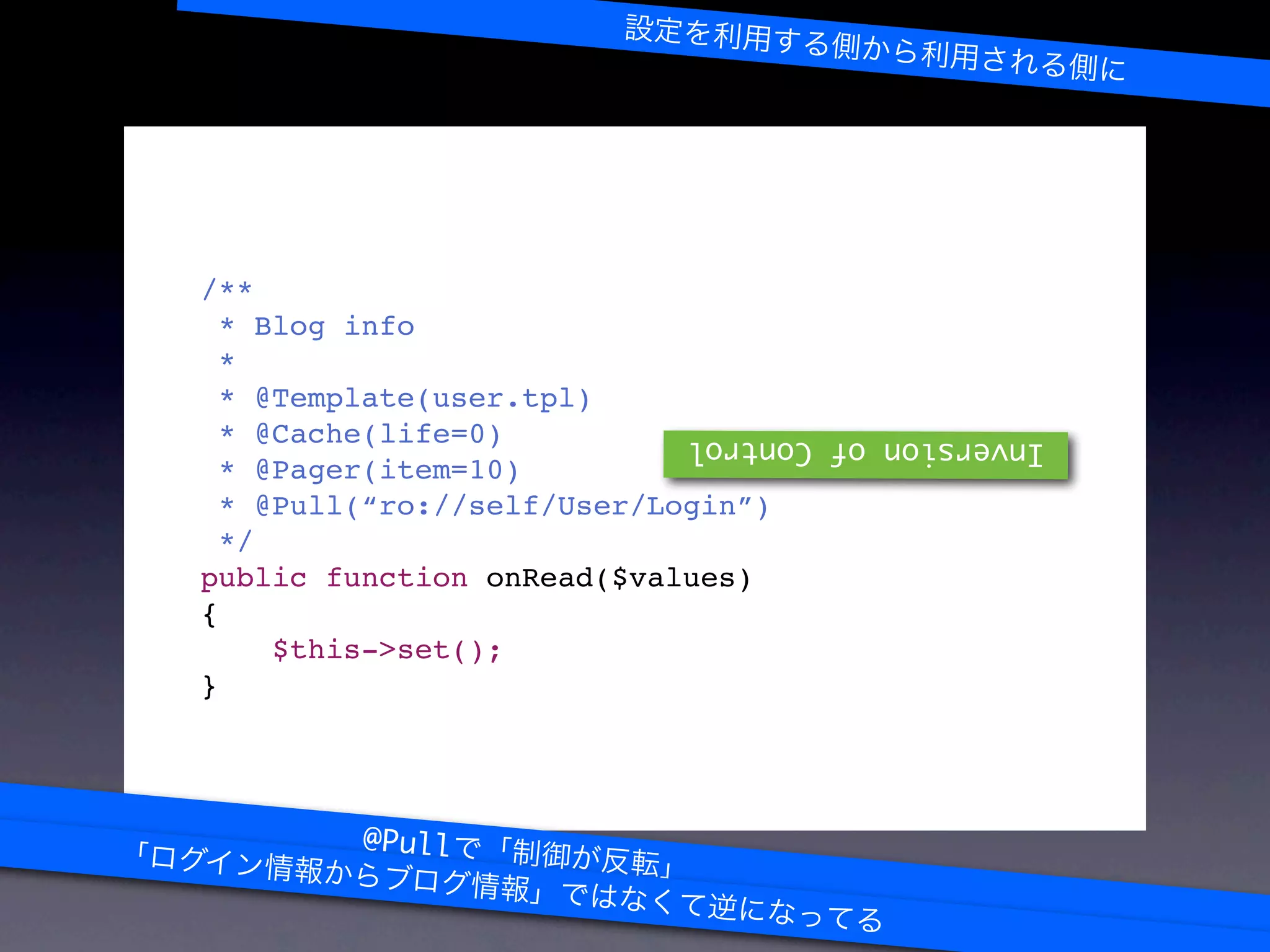/**
  * Blog info
  *
  * @Template(user.tpl)
  * @Cache(life=0)          Inversion of Control
  * @Pager(item=10)
  * @Pull(“ro://self/User/Login”)
  */
public function onRead($values)
{
     $this->set();
}




         @Pull
 