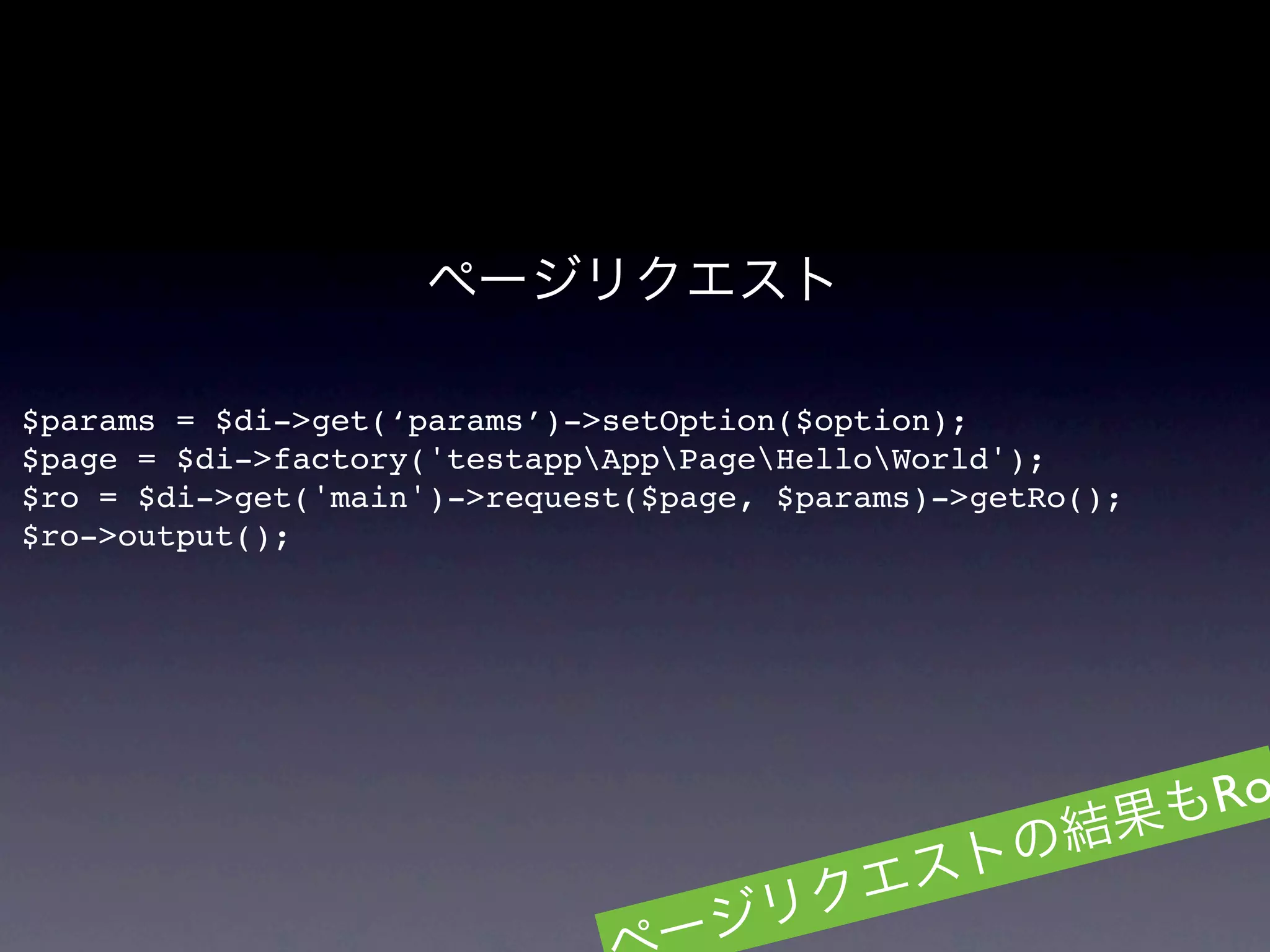 $params = $di->get(‘params’)->setOption($option);
$page = $di->factory('testappAppPageHelloWorld');
$ro = $di->get('main')->request($page, $params)->getRo();
$ro->output();




                                                            Ro
 