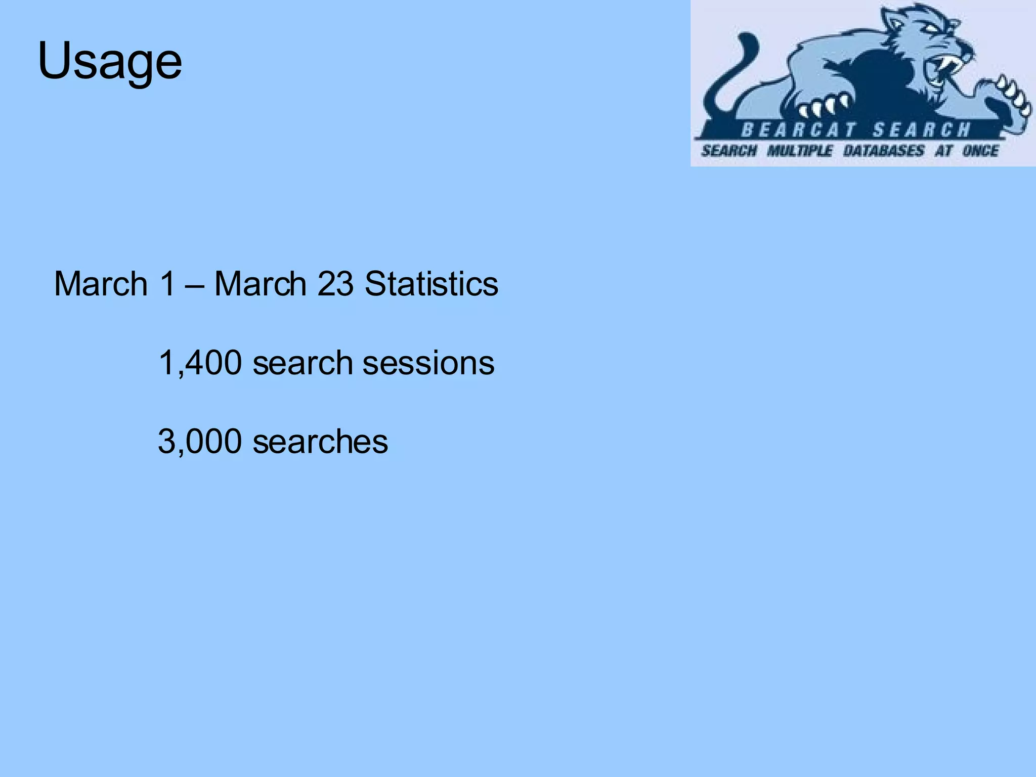 March 1 – March 23 Statistics 1,400 search sessions 3,000 searches Usage 