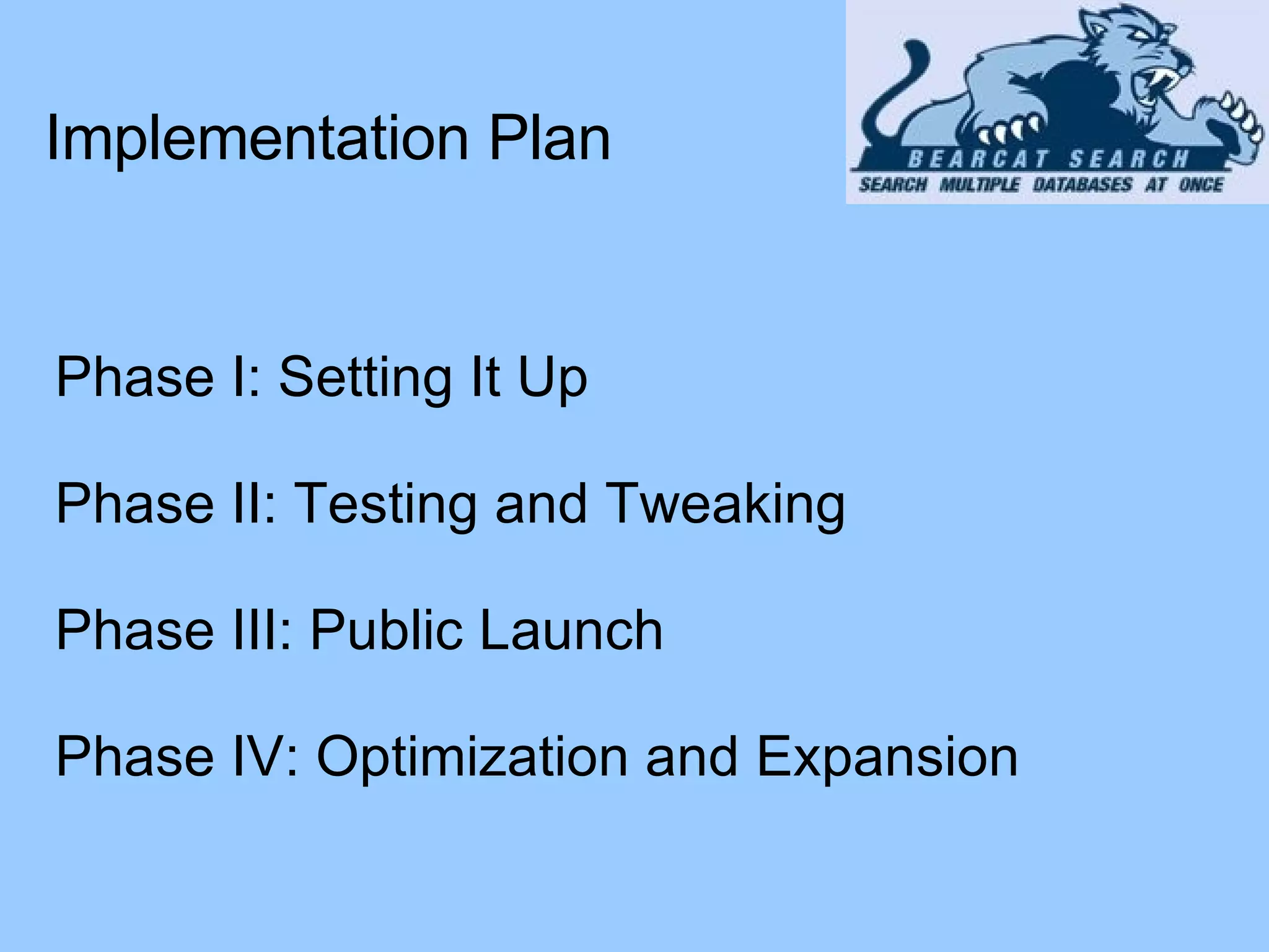 Implementation Plan Phase I: Setting It Up Phase II: Testing and Tweaking Phase III: Public Launch Phase IV: Optimization and Expansion 