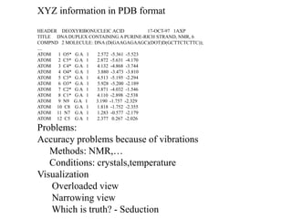 XYZ information in PDB format
HEADER DEOXYRIBONUCLEIC ACID 17-OCT-97 1AXP
TITLE DNA DUPLEX CONTAINING A PURINE-RICH STRAND, NMR, 6
COMPND 2 MOLECULE: DNA (D(GAAGAGAAGC)(DOT)D(GCTTCTCTTC));
....
ATOM 1 O5* G A 1 2.572 -5.361 -5.523
ATOM 2 C5* G A 1 2.872 -5.631 -4.170
ATOM 3 C4* G A 1 4.132 -4.868 -3.744
ATOM 4 O4* G A 1 3.880 -3.473 -3.810
ATOM 5 C3* G A 1 4.513 -5.195 -2.294
ATOM 6 O3* G A 1 5.928 -5.200 -2.189
ATOM 7 C2* G A 1 3.871 -4.032 -1.546
ATOM 8 C1* G A 1 4.110 -2.898 -2.538
ATOM 9 N9 G A 1 3.190 -1.757 -2.329
ATOM 10 C8 G A 1 1.818 -1.752 -2.355
ATOM 11 N7 G A 1 1.283 -0.577 -2.179
ATOM 12 C5 G A 1 2.377 0.267 -2.026
Problems:
Accuracy problems because of vibrations
Methods: NMR,…
Conditions: crystals,temperature
Visualization
Overloaded view
Narrowing view
Which is truth? - Seduction
 