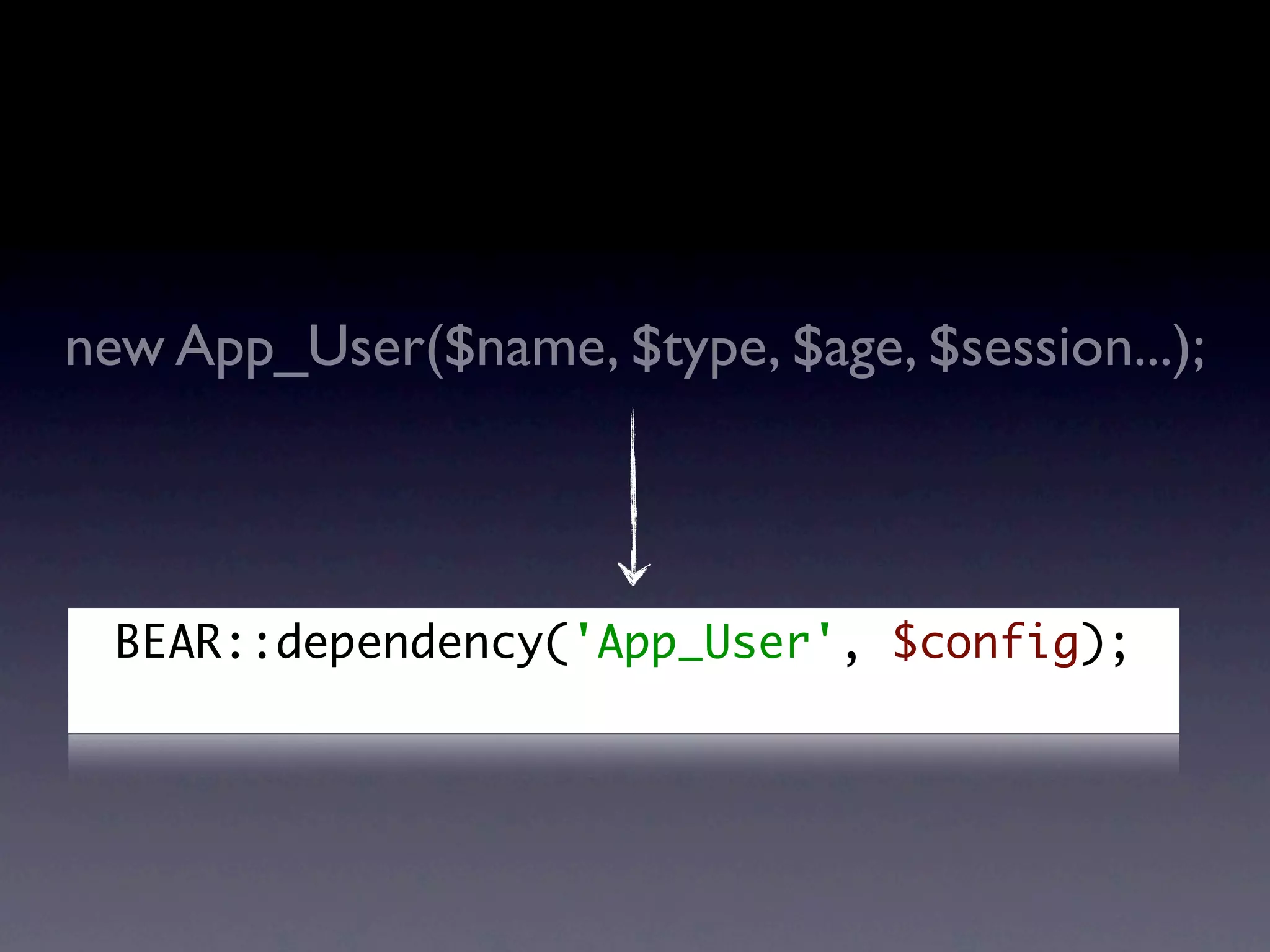 new App_User($name, $type, $age, $session...);



  BEAR::dependency('App_User', $config);
 