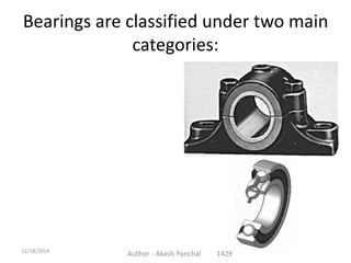 Bearings are classified under two main
categories:
Author - Akash Panchal 142912/18/2014
 