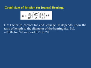 Coefficient of Friction for Journal Bearings
k = Factor to correct for end leakage. It depends upon the
ratio of length to the diameter of the bearing (i.e. l/d).
= 0.002 for l/d ratios of 0.75 to 2.8.
 