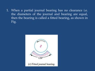 1. When a partial journal bearing has no clearance i.e.
the diameters of the journal and bearing are equal,
then the bearing is called a fitted bearing, as shown in
Fig.
 
