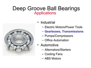 Deep Groove Ball Bearings
• Industrial
– Electric Motors/Power Tools
– Gearboxes, Transmissions
– Pumps/Compressors
– Office Automation
• Automotive
– Alternators/Starters
– Cooling Fans
– ABS Motors
Applications
 
