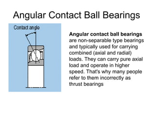 Angular Contact Ball Bearings
Angular contact ball bearings
are non-separable type bearings
and typically used for carrying
combined (axial and radial)
loads. They can carry pure axial
load and operate in higher
speed. That's why many people
refer to them incorrectly as
thrust bearings
 