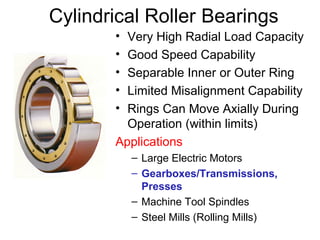 Cylindrical Roller Bearings
• Very High Radial Load Capacity
• Good Speed Capability
• Separable Inner or Outer Ring
• Limited Misalignment Capability
• Rings Can Move Axially During
Operation (within limits)
Applications
– Large Electric Motors
– Gearboxes/Transmissions,
Presses
– Machine Tool Spindles
– Steel Mills (Rolling Mills)
 