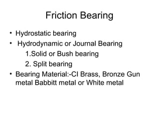Friction Bearing
• Hydrostatic bearing
• Hydrodynamic or Journal Bearing
1.Solid or Bush bearing
2. Split bearing
• Bearing Material:-CI Brass, Bronze Gun
metal Babbitt metal or White metal
 