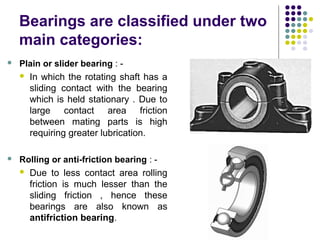 Bearings are classified under two
main categories:
 Plain or slider bearing : -
 In which the rotating shaft has a
sliding contact with the bearing
which is held stationary . Due to
large contact area friction
between mating parts is high
requiring greater lubrication.
 Rolling or anti-friction bearing : -
 Due to less contact area rolling
friction is much lesser than the
sliding friction , hence these
bearings are also known as
antifriction bearing.
 