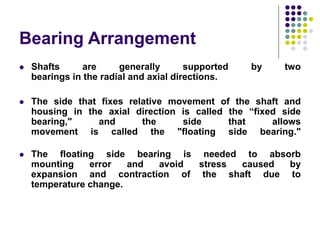 Bearing Arrangement
 Shafts are generally supported by two
bearings in the radial and axial directions.
 The side that fixes relative movement of the shaft and
housing in the axial direction is called the “fixed side
bearing," and the side that allows
movement is called the "floating side bearing."
 The floating side bearing is needed to absorb
mounting error and avoid stress caused by
expansion and contraction of the shaft due to
temperature change.
 