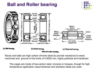 Ball and Roller bearing
Races and balls are high carbon chrome steel (to provide resistance to wear)
machined and ground to fine limits of 0.0025 mm, highly polished and hardened.
The cages are made of low-carbon steel, bronzes or brasses, though for high
temperature application case-hardened and stainless steels are used.
 