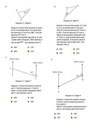 6.
Diagram 6 / Rajah 6
Diagram 6 shows three points Q, R and S
lie on a horizontal plane. It is given that
the bearing of S from Q is 080. Find the
bearing of R from S.
Rajah 6 menunjukkan tiga titik Q, R, dan
S pada satah mengufuk. Diberi bearing S
dari Q ialah 080 . Cari bearing R dari S.
A 030 C 170
B 080 D 210
7.
Diagram 7 / Rajah 7
Diagram 7 shows the position of point E
and F. Find the bearing of F from E.
Rajah 7 menunjukkan kedudukan titik E
dan F. Cari bearing F dari E.
A 058 C 238
B 122 D 302
8.
Diagram 8/ Rajah 8
Diagram 8 shows three points, E, F and
G, on a horizontal plane. E lies due
west of G and the bearing of F from G
is 265. Find the bearing of F from E.
Rajah 8 menunjukkan kedudukan titik
E, F dan G, yang terletak pada suatu
satah mengufuk. E berada ke barat G
dan bearing F dari G ialah 265. Cari
bearing F dari E.
A 030 C 235
B 150 D 330
9.
North / Utara
North / Utara
1450
P
Q
Diagram 9 / Rajah 9
Diagram 4 shows the position of point
P and Q. Find the bearing of point Q
from point P.
Rajah 4 menunjukkan kedudukan titik P
dan Q. Cari bearing titik Q dari titik P.
A 035 C 180
B 145 D 215
S
Q
R
50 
E
F
G
30o
North / Utara
North / Utara
58o
E
F
 