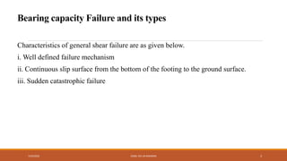 Characteristics of general shear failure are as given below.
i. Well defined failure mechanism
ii. Continuous slip surface from the bottom of the footing to the ground surface.
iii. Sudden catastrophic failure
7/24/2022 ENGR. ZIA UR RAHMAN 3
Bearing capacity Failure and its types
 