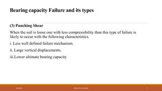 (3) Punching Shear
When the soil is loose one with less compressibility than this type of failure is
likely to occur with the following characteristics.
i. Less well defined failure mechanism.
ii. Large vertical displacements.
iii.Lower ultimate bearing capacity
7/24/2022 ENGR. ZIA UR RAHMAN 7
Bearing capacity Failure and its types
 