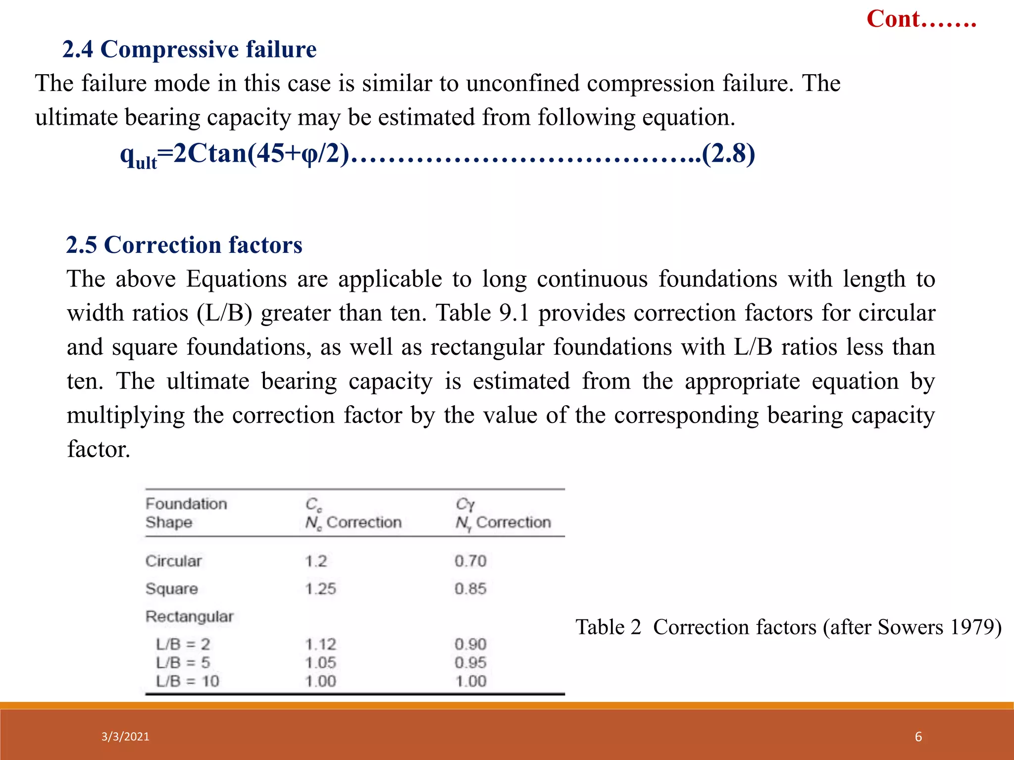 2.5 Correction factors
The above Equations are applicable to long continuous foundations with length to
width ratios (L/B) greater than ten. Table 9.1 provides correction factors for circular
and square foundations, as well as rectangular foundations with L/B ratios less than
ten. The ultimate bearing capacity is estimated from the appropriate equation by
multiplying the correction factor by the value of the corresponding bearing capacity
factor.
Table 2 Correction factors (after Sowers 1979)
Cont…….
3/3/2021 6
2.4 Compressive failure
The failure mode in this case is similar to unconfined compression failure. The
ultimate bearing capacity may be estimated from following equation.
qult=2Ctan(45+φ/2)………………………………..(2.8)
 