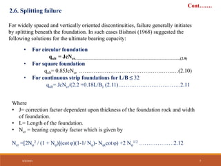 2.6. Splitting failure
For widely spaced and vertically oriented discontinuities, failure generally initiates
by splitting beneath the foundation. In such cases Bishnoi (1968) suggested the
following solutions for the ultimate bearing capacity:
• For circular foundation
qult = JcNcr…………………………………………………………………………..(2.9)
• For square foundation
qult= 0.85JcNcr ………………………………………………(2.10)
• For continuous strip foundations for L/B ≤ 32
qult= JcNcr/(2.2 +0.18L/B) (2.11)…………………………….2.11
Where
• J= correction factor dependent upon thickness of the foundation rock and width
of foundation.
• L= Length of the foundation.
• Ncr = bearing capacity factor which is given by
Ncr =[2Nφ
2 / (1 + Nφ)](cot φ)(1-1/ Nφ)- Nφ(cot φ) +2 Nφ
1/2 ……………….2.12
Cont…….
3/3/2021 7
 