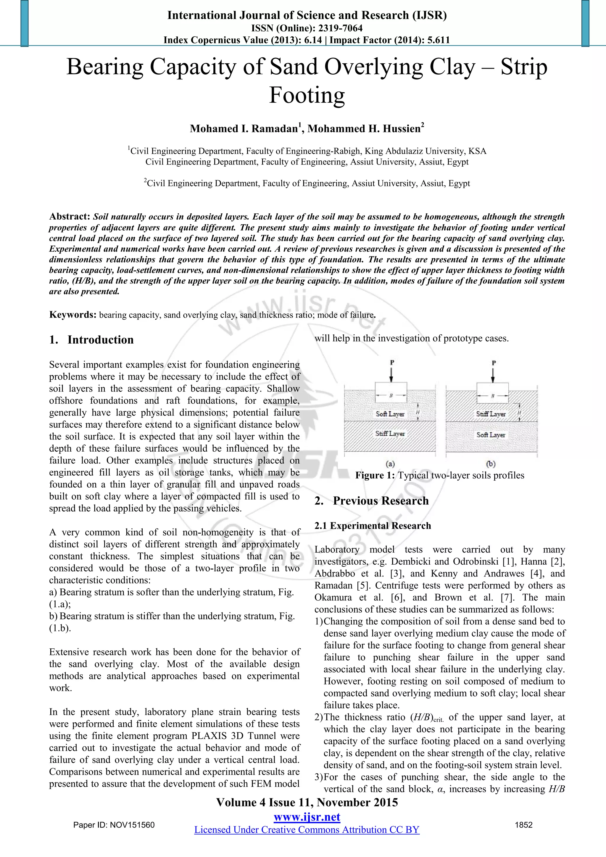 Bearing capacity of sand overlying clay strip footing - paxis 3 d | PDF