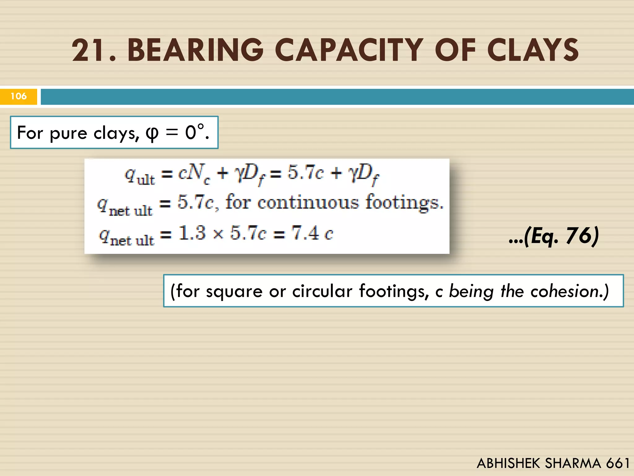 21. BEARING CAPACITY OF CLAYS
106
For pure clays, φ = 0°.
(for square or circular footings, c being the cohesion.)
...(Eq. 76)
ABHISHEK SHARMA 661
 