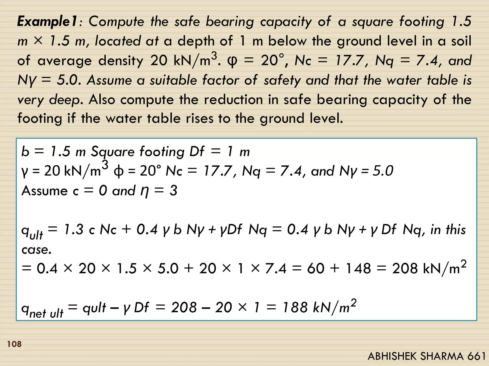 Example1: Compute the safe bearing capacity of a square footing 1.5
m × 1.5 m, located at a depth of 1 m below the ground level in a soil
of average density 20 kN/m3. φ = 20°, Nc = 17.7, Nq = 7.4, and
Nγ = 5.0. Assume a suitable factor of safety and that the water table is
very deep. Also compute the reduction in safe bearing capacity of the
footing if the water table rises to the ground level.
b = 1.5 m Square footing Df = 1 m
γ = 20 kN/m3 φ = 20° Nc = 17.7, Nq = 7.4, and Nγ = 5.0
Assume c = 0 and η = 3
qult = 1.3 c Nc + 0.4 γ b Nγ + γDf Nq = 0.4 γ b Nγ + γ Df Nq, in this
case.
= 0.4 × 20 × 1.5 × 5.0 + 20 × 1 × 7.4 = 60 + 148 = 208 kN/m2
qnet ult = qult – γ Df = 208 – 20 × 1 = 188 kN/m2
108
ABHISHEK SHARMA 661
 