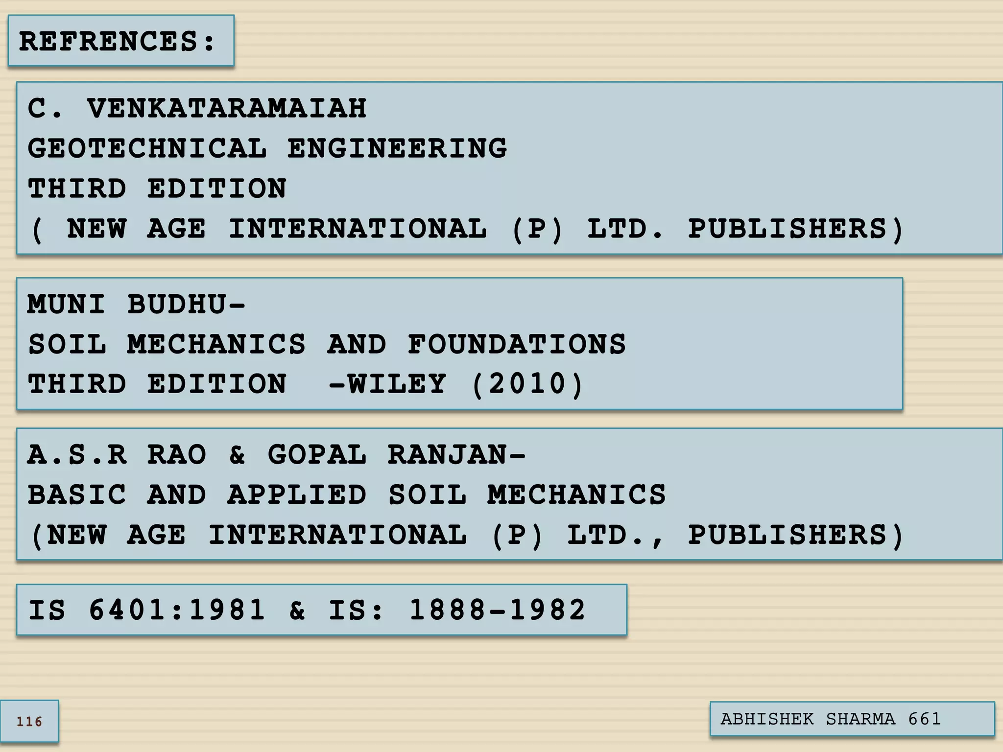 REFRENCES:
C. VENKATARAMAIAH
GEOTECHNICAL ENGINEERING
THIRD EDITION
( NEW AGE INTERNATIONAL (P) LTD. PUBLISHERS)
MUNI BUDHU-
SOIL MECHANICS AND FOUNDATIONS
THIRD EDITION -WILEY (2010)
A.S.R RAO & GOPAL RANJAN-
BASIC AND APPLIED SOIL MECHANICS
(NEW AGE INTERNATIONAL (P) LTD., PUBLISHERS)
116 ABHISHEK SHARMA 661
IS 6401:1981 & IS: 1888–1982
 