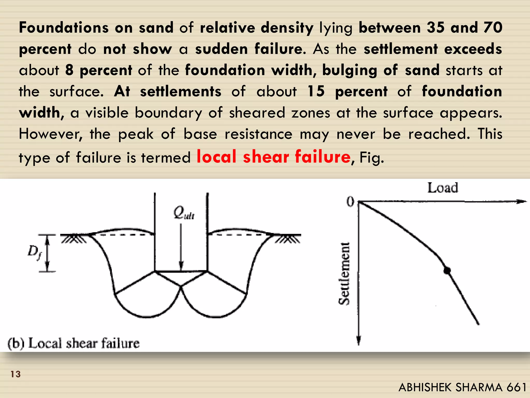 13
Foundations on sand of relative density lying between 35 and 70
percent do not show a sudden failure. As the settlement exceeds
about 8 percent of the foundation width, bulging of sand starts at
the surface. At settlements of about 15 percent of foundation
width, a visible boundary of sheared zones at the surface appears.
However, the peak of base resistance may never be reached. This
type of failure is termed local shear failure, Fig.
ABHISHEK SHARMA 661
 