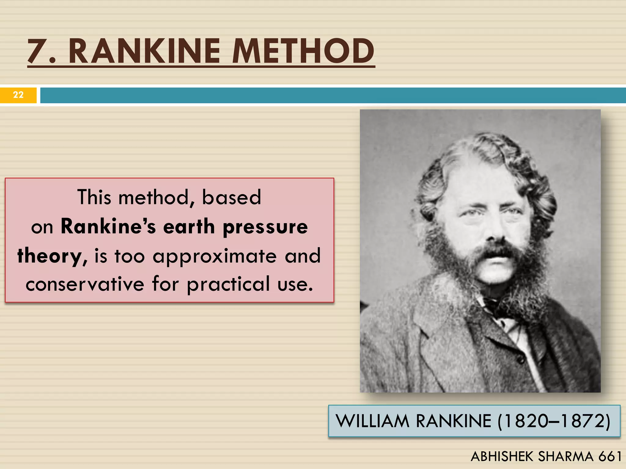 7. RANKINE METHOD
This method, based
on Rankine’s earth pressure
theory, is too approximate and
conservative for practical use.
22
WILLIAM RANKINE (1820–1872)
ABHISHEK SHARMA 661
 