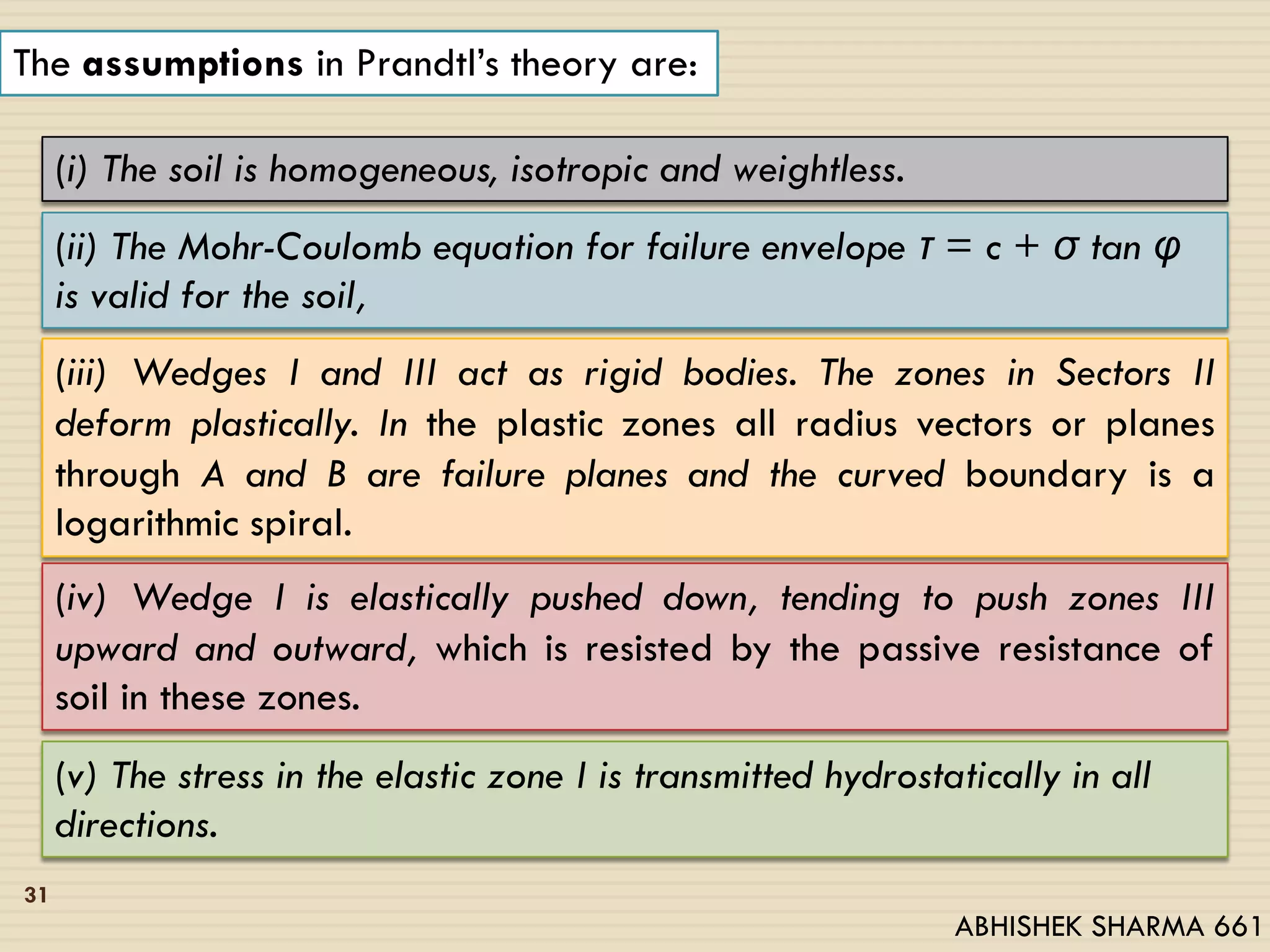 31
The assumptions in Prandtl’s theory are:
(i) The soil is homogeneous, isotropic and weightless.
(ii) The Mohr-Coulomb equation for failure envelope τ = c + σ tan υ
is valid for the soil,
(iii) Wedges I and III act as rigid bodies. The zones in Sectors II
deform plastically. In the plastic zones all radius vectors or planes
through A and B are failure planes and the curved boundary is a
logarithmic spiral.
(iv) Wedge I is elastically pushed down, tending to push zones III
upward and outward, which is resisted by the passive resistance of
soil in these zones.
(v) The stress in the elastic zone I is transmitted hydrostatically in all
directions.
ABHISHEK SHARMA 661
 