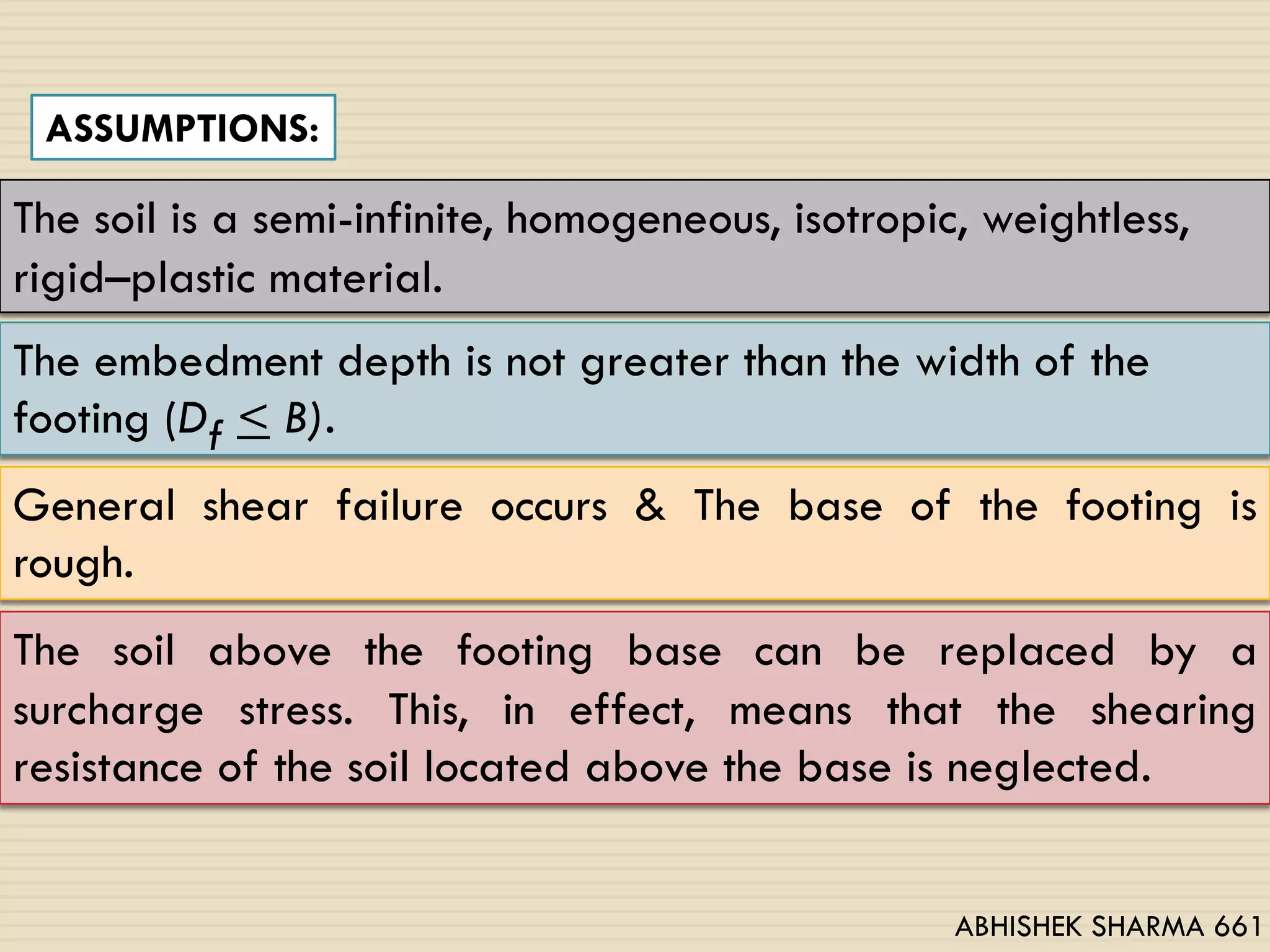 35
The soil is a semi-infinite, homogeneous, isotropic, weightless,
rigid–plastic material.
ASSUMPTIONS:
The embedment depth is not greater than the width of the
footing (Df < B).
General shear failure occurs & The base of the footing is
rough.
The soil above the footing base can be replaced by a
surcharge stress. This, in effect, means that the shearing
resistance of the soil located above the base is neglected.
ABHISHEK SHARMA 661
 