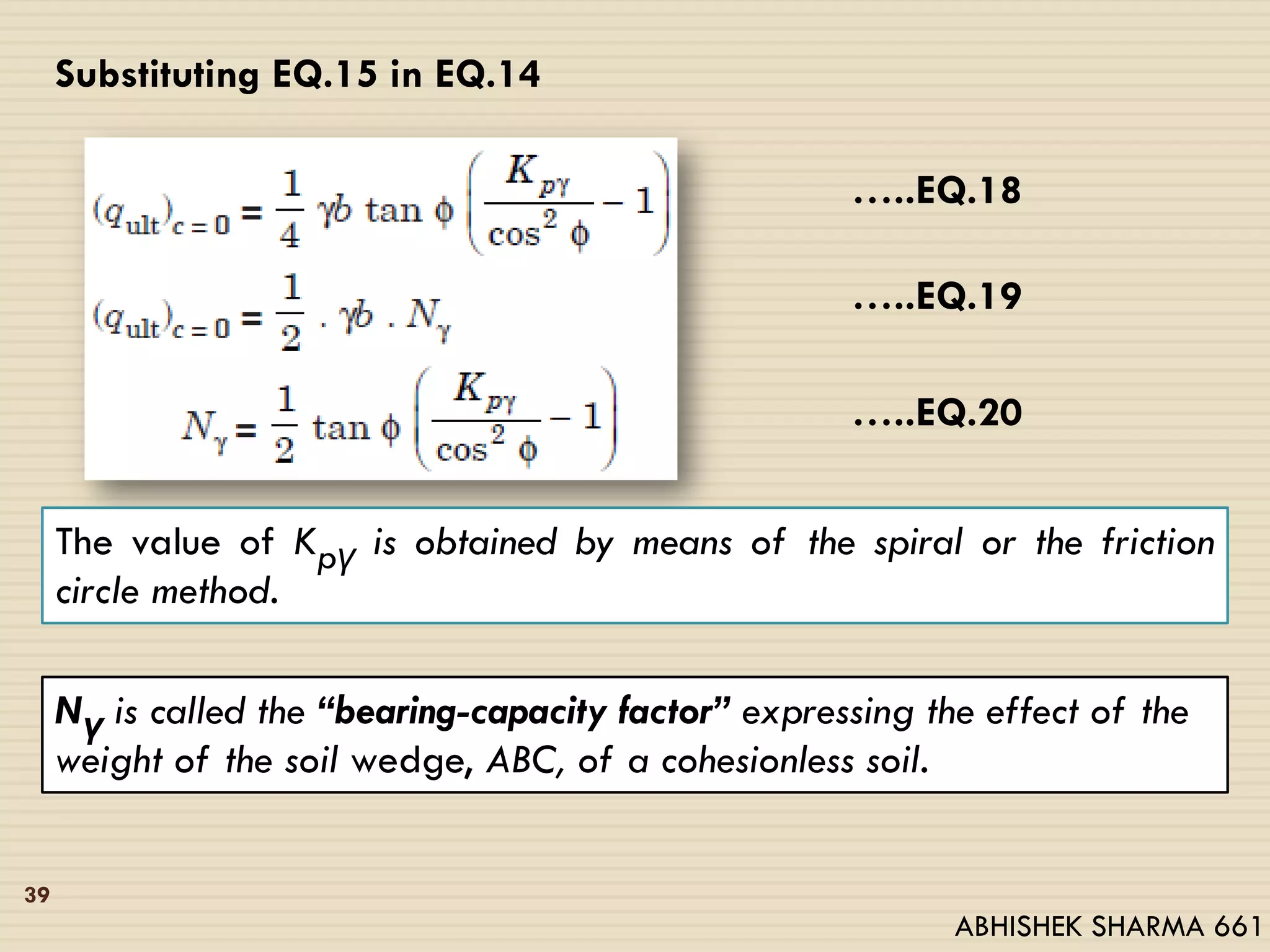 …..EQ.18
…..EQ.19
…..EQ.20
Substituting EQ.15 in EQ.14
The value of Kpγ is obtained by means of the spiral or the friction
circle method.
Nγ is called the ‘‘bearing-capacity factor’’ expressing the effect of the
weight of the soil wedge, ABC, of a cohesionless soil.
39
ABHISHEK SHARMA 661
 