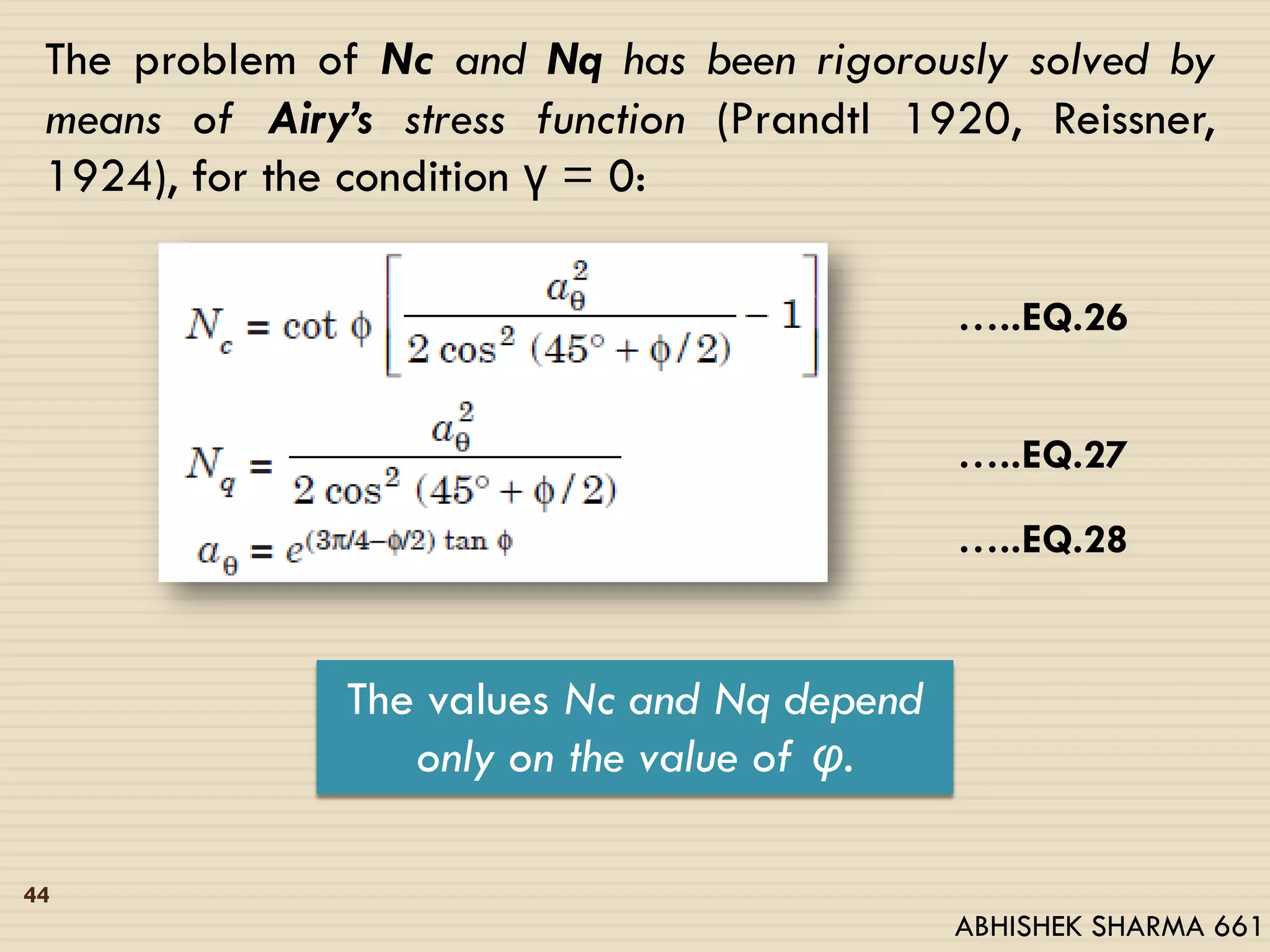 The problem of Nc and Nq has been rigorously solved by
means of Airy’s stress function (Prandtl 1920, Reissner,
1924), for the condition γ = 0:
…..EQ.26
…..EQ.27
…..EQ.28
The values Nc and Nq depend
only on the value of υ.
44
ABHISHEK SHARMA 661
 