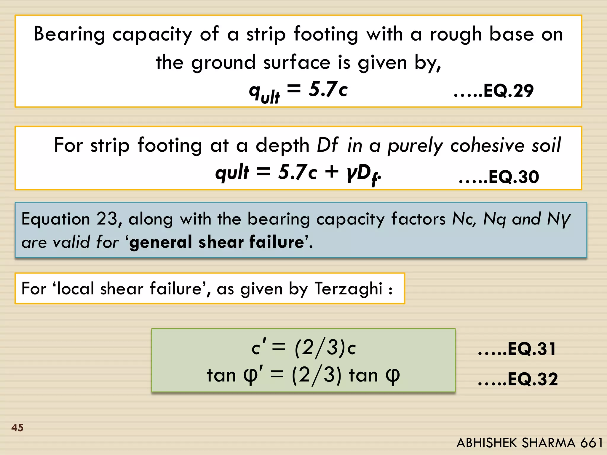Bearing capacity of a strip footing with a rough base on
the ground surface is given by,
qult = 5.7c …..EQ.29
For strip footing at a depth Df in a purely cohesive soil
qult = 5.7c + γDf. …..EQ.30
Equation 23, along with the bearing capacity factors Nc, Nq and Nγ
are valid for ‘general shear failure’.
For ‘local shear failure’, as given by Terzaghi :
c′ = (2/3)c
tan φ′ = (2/3) tan φ
…..EQ.31
…..EQ.32
45
ABHISHEK SHARMA 661
 