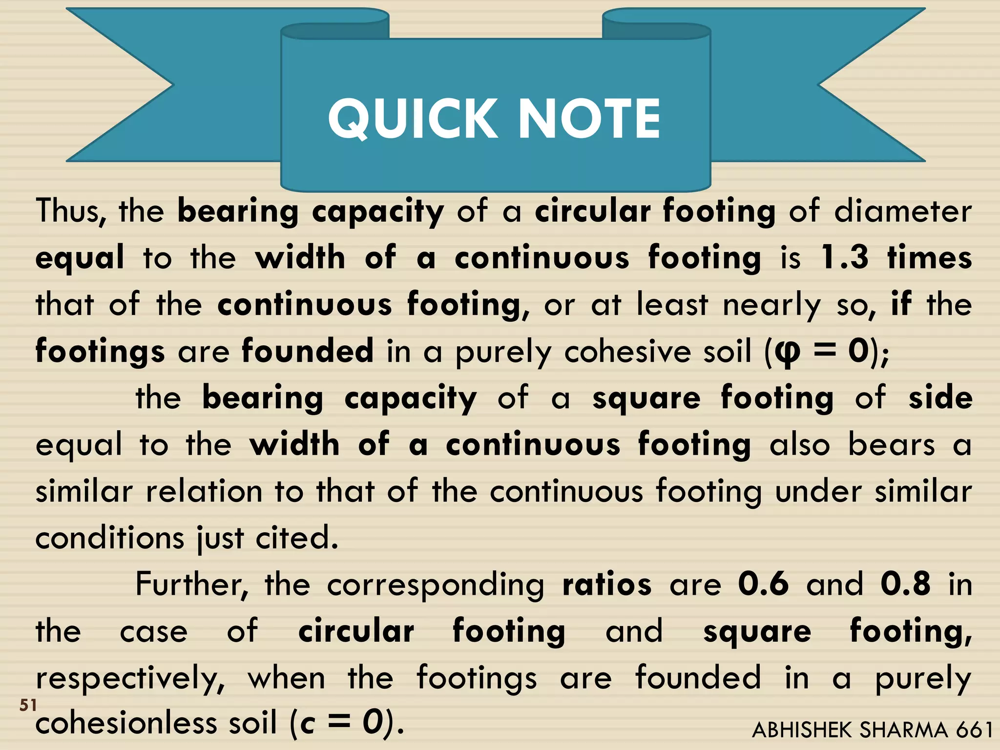 Thus, the bearing capacity of a circular footing of diameter
equal to the width of a continuous footing is 1.3 times
that of the continuous footing, or at least nearly so, if the
footings are founded in a purely cohesive soil (φ = 0);
the bearing capacity of a square footing of side
equal to the width of a continuous footing also bears a
similar relation to that of the continuous footing under similar
conditions just cited.
Further, the corresponding ratios are 0.6 and 0.8 in
the case of circular footing and square footing,
respectively, when the footings are founded in a purely
cohesionless soil (c = 0).
QUICK NOTE
51
ABHISHEK SHARMA 661
 