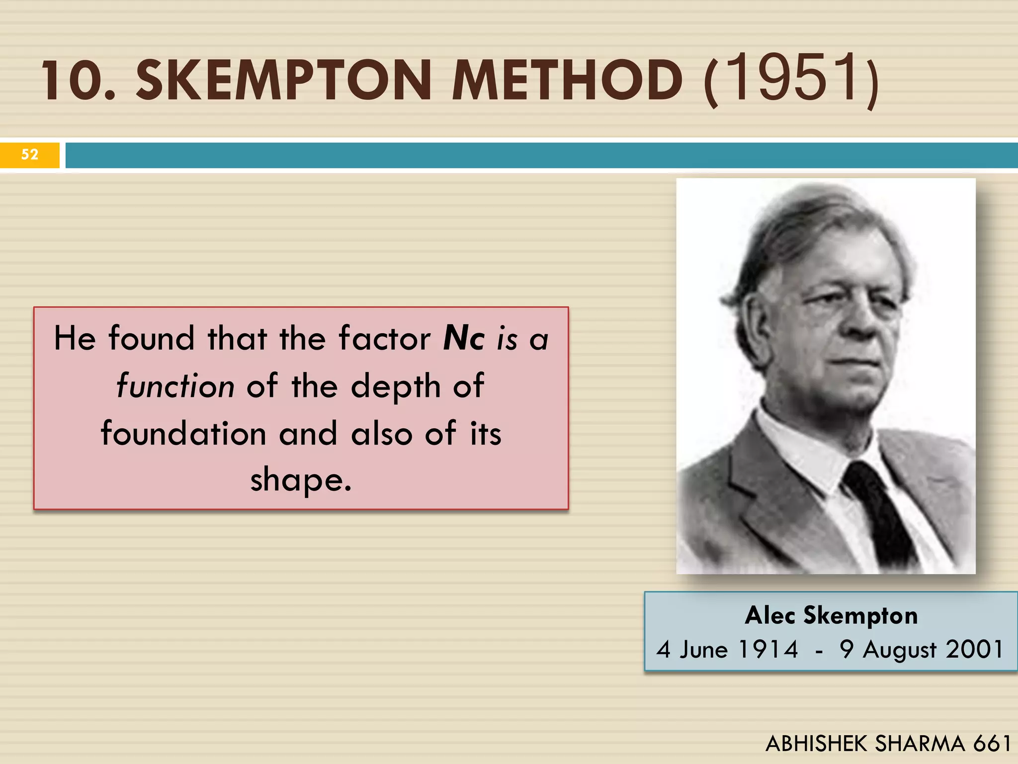 10. SKEMPTON METHOD (1951)
He found that the factor Nc is a
function of the depth of
foundation and also of its
shape.
52
ABHISHEK SHARMA 661
Alec Skempton
4 June 1914 - 9 August 2001
 