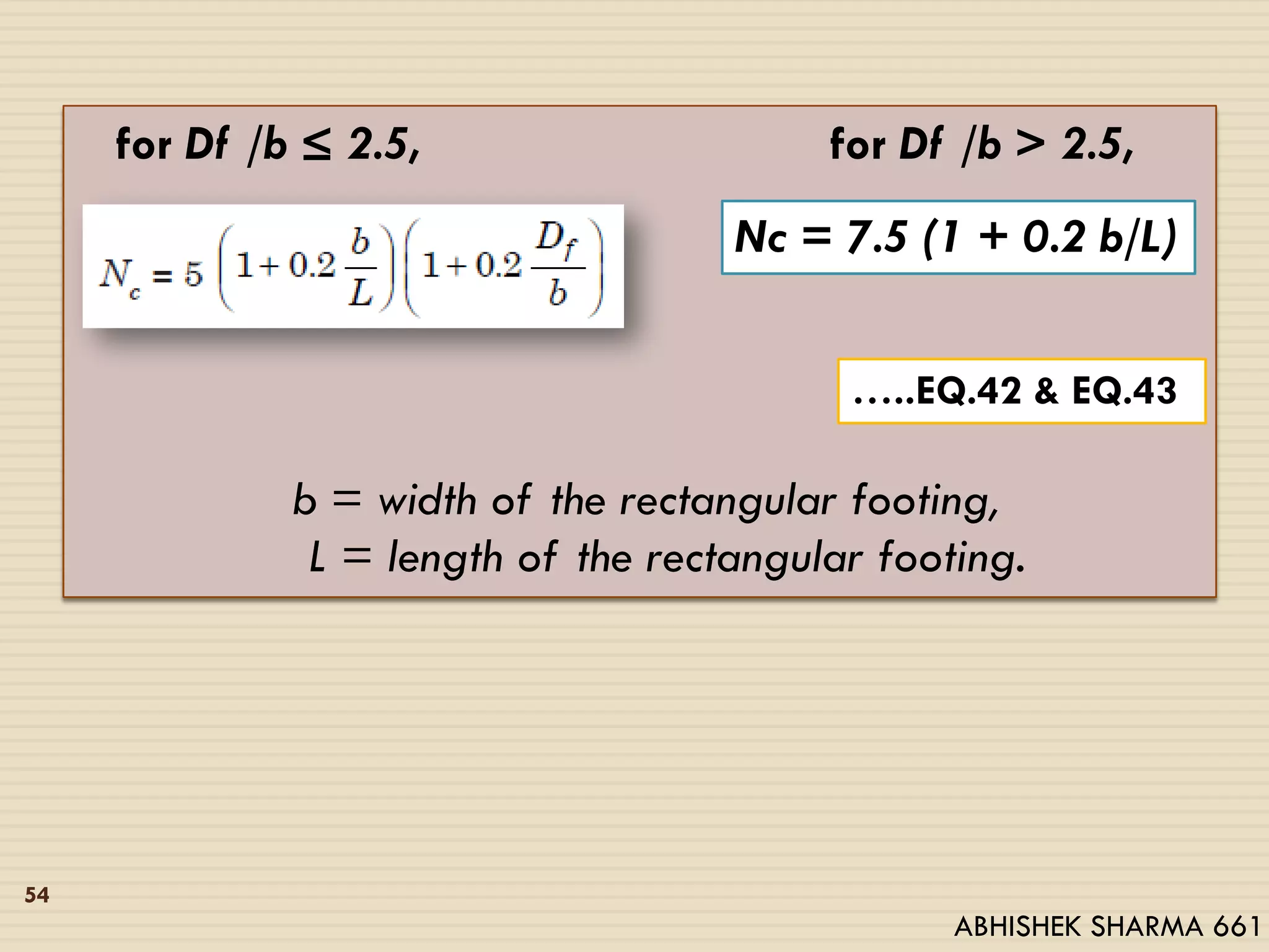 for Df /b ≤ 2.5, for Df /b > 2.5,
b = width of the rectangular footing,
L = length of the rectangular footing.
Nc = 7.5 (1 + 0.2 b/L)
…..EQ.42 & EQ.43
54
ABHISHEK SHARMA 661
 