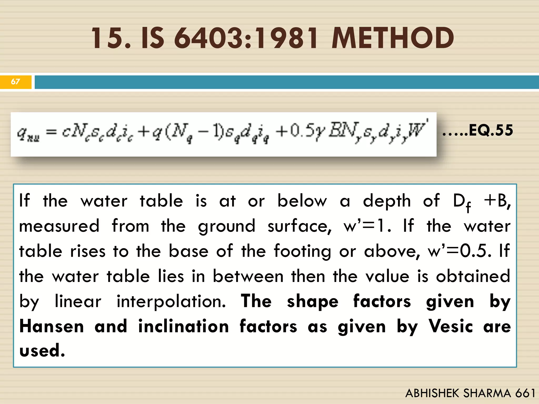 15. IS 6403:1981 METHOD
67
…..EQ.55
If the water table is at or below a depth of Df +B,
measured from the ground surface, w’=1. If the water
table rises to the base of the footing or above, w’=0.5. If
the water table lies in between then the value is obtained
by linear interpolation. The shape factors given by
Hansen and inclination factors as given by Vesic are
used.
ABHISHEK SHARMA 661
 
