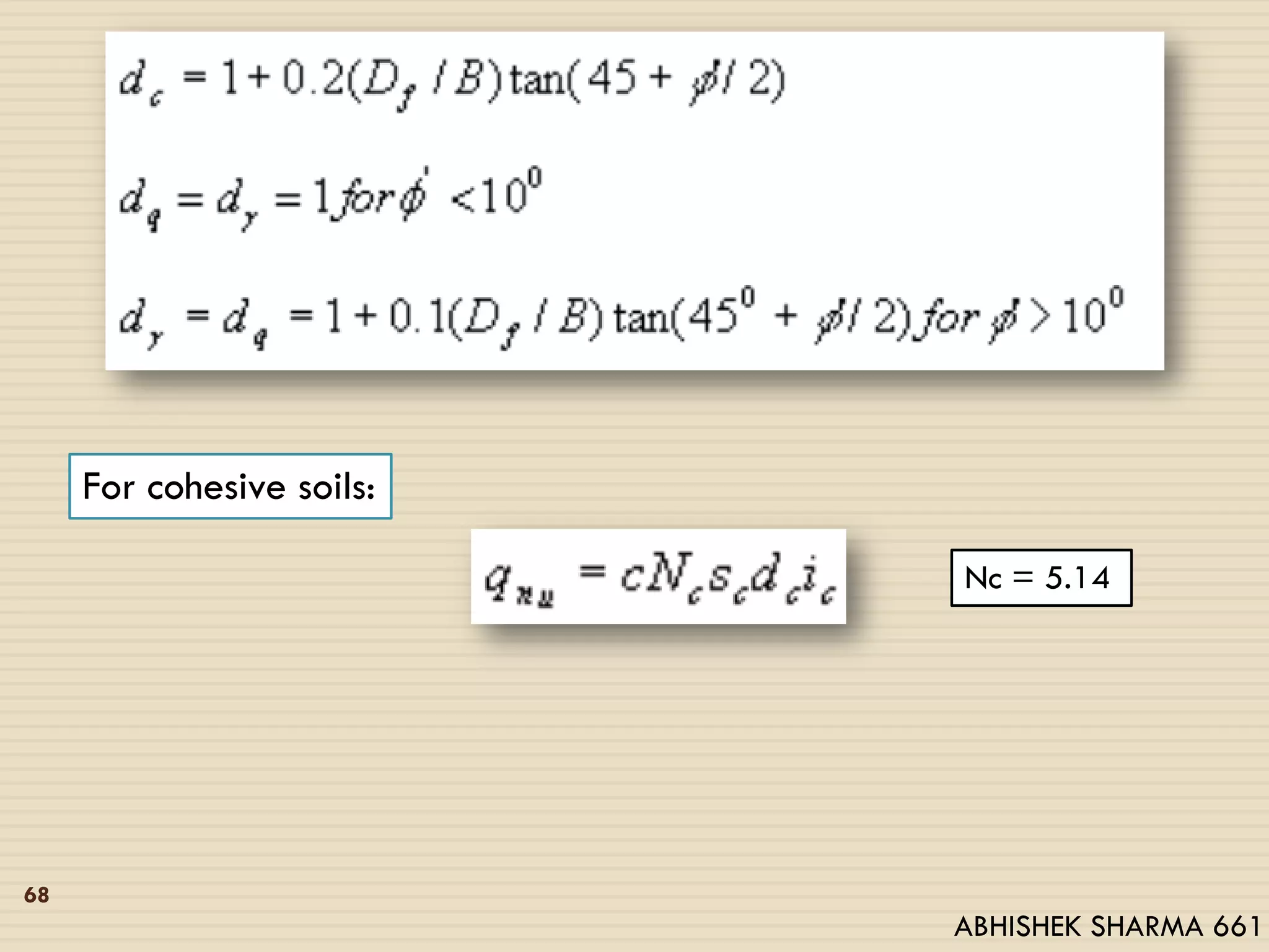 68
For cohesive soils:
Nc = 5.14
ABHISHEK SHARMA 661
 