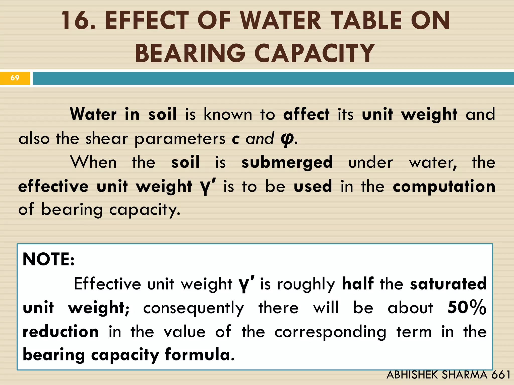 16. EFFECT OF WATER TABLE ON
BEARING CAPACITY
Water in soil is known to affect its unit weight and
also the shear parameters c and φ.
When the soil is submerged under water, the
effective unit weight γ′ is to be used in the computation
of bearing capacity.
NOTE:
Effective unit weight γ′ is roughly half the saturated
unit weight; consequently there will be about 50%
reduction in the value of the corresponding term in the
bearing capacity formula.
69
ABHISHEK SHARMA 661
 