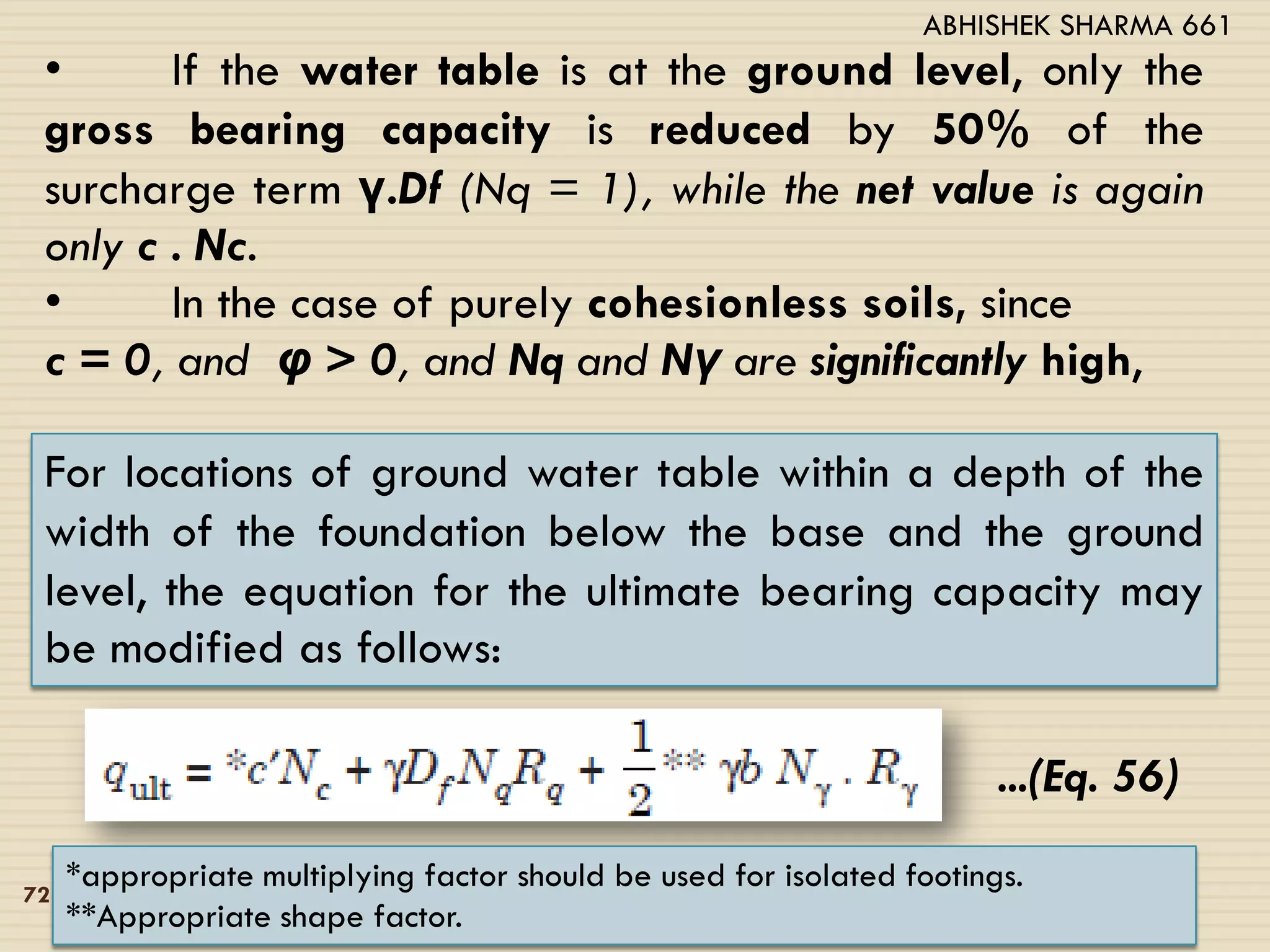 • If the water table is at the ground level, only the
gross bearing capacity is reduced by 50% of the
surcharge term γ.Df (Nq = 1), while the net value is again
only c . Nc.
• In the case of purely cohesionless soils, since
c = 0, and φ > 0, and Nq and Nγ are significantly high,
For locations of ground water table within a depth of the
width of the foundation below the base and the ground
level, the equation for the ultimate bearing capacity may
be modified as follows:
...(Eq. 56)
*appropriate multiplying factor should be used for isolated footings.
**Appropriate shape factor.
72
ABHISHEK SHARMA 661
 