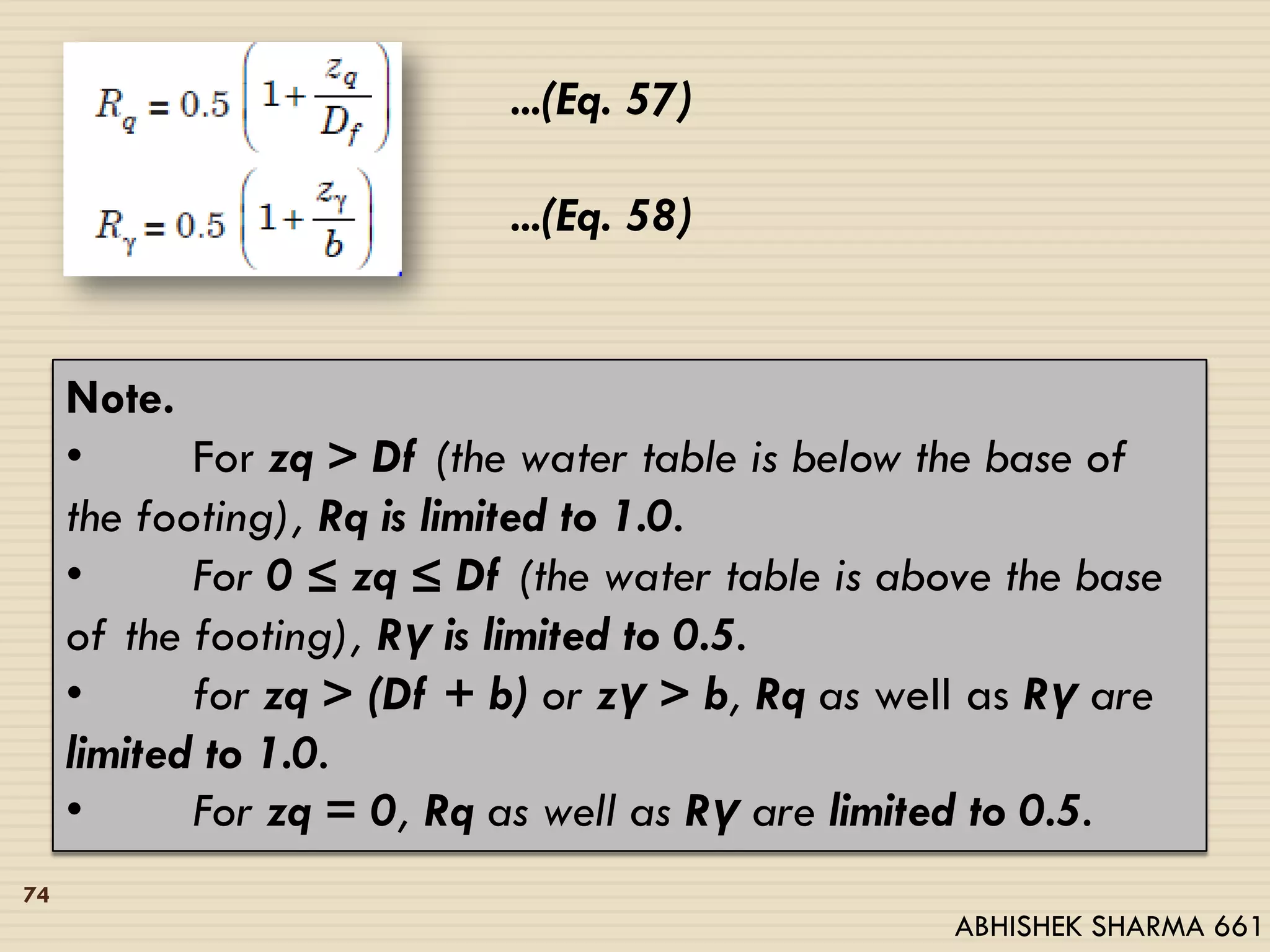 ...(Eq. 57)
...(Eq. 58)
Note.
• For zq > Df (the water table is below the base of
the footing), Rq is limited to 1.0.
• For 0 ≤ zq ≤ Df (the water table is above the base
of the footing), Rγ is limited to 0.5.
• for zq > (Df + b) or zγ > b, Rq as well as Rγ are
limited to 1.0.
• For zq = 0, Rq as well as Rγ are limited to 0.5.
74
ABHISHEK SHARMA 661
 
