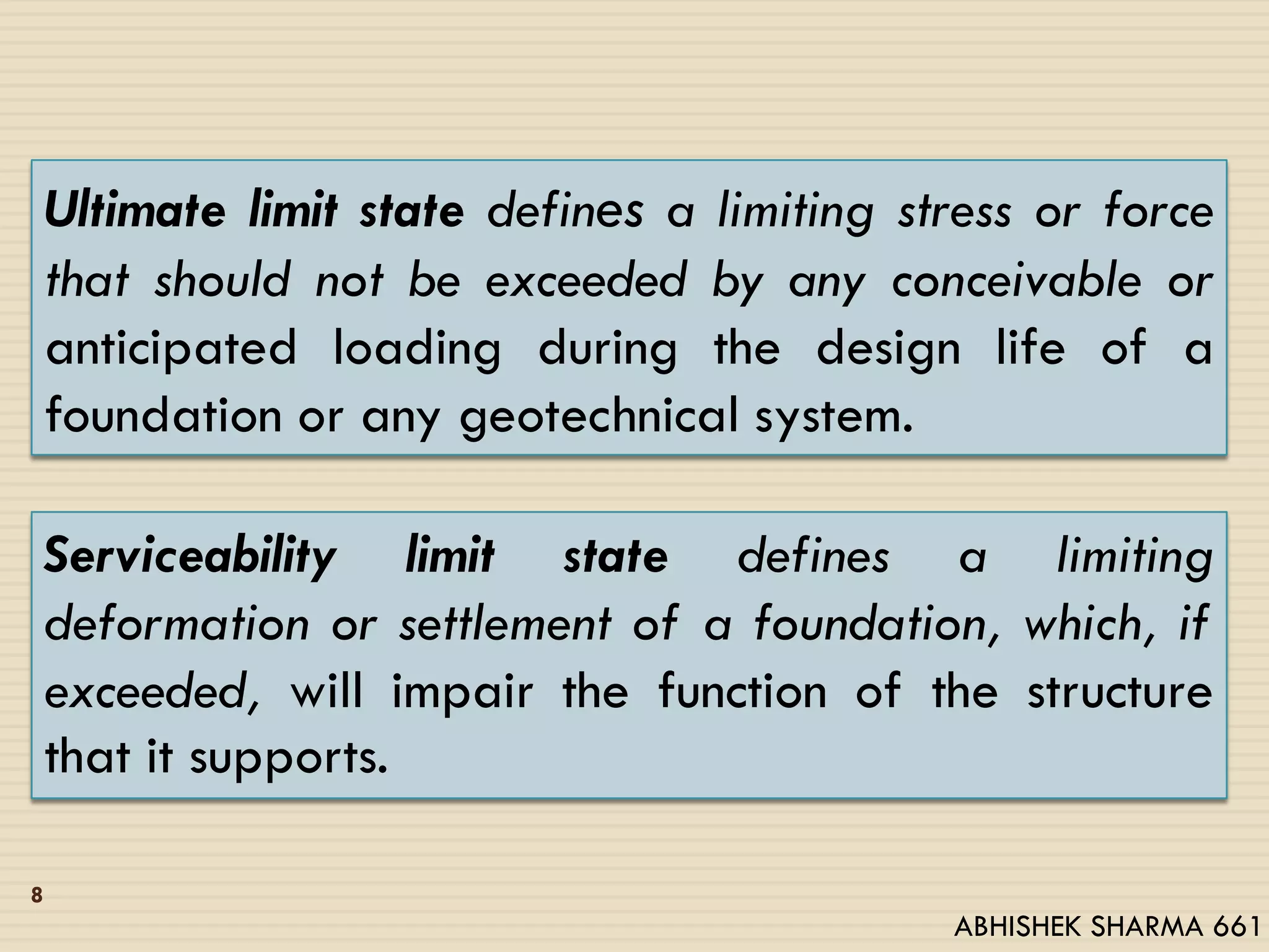 Ultimate limit state defines a limiting stress or force
that should not be exceeded by any conceivable or
anticipated loading during the design life of a
foundation or any geotechnical system.
Serviceability limit state defines a limiting
deformation or settlement of a foundation, which, if
exceeded, will impair the function of the structure
that it supports.
8
ABHISHEK SHARMA 661
 