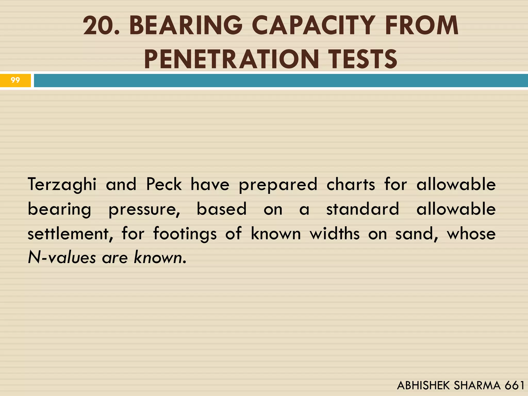 20. BEARING CAPACITY FROM
PENETRATION TESTS
Terzaghi and Peck have prepared charts for allowable
bearing pressure, based on a standard allowable
settlement, for footings of known widths on sand, whose
N-values are known.
99
ABHISHEK SHARMA 661
 