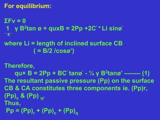 For equilibrium:
ΣFv = 0
1 γ B2tan ø + quxB = 2Pp +2C’ × Li sinø’
4
where Li = length of inclined surface CB
( = B/2 /cosø’)
Therefore,
qu× B = 2Pp + BC’ tanø’ - ¼ γ B2tanø’ –------ (1)
The resultant passive pressure (Pp) on the surface
CB & CA constitutes three components ie. (Pp)r,
(Pp)c & (Pp) q,
Thus,
Pp = (Pp)r + (Pp)c + (Pp)q
 