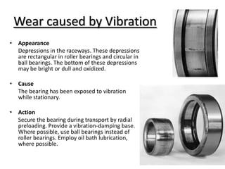 Wear caused by Vibration
• Appearance
Depressions in the raceways. These depressions
are rectangular in roller bearings and circular in
ball bearings. The bottom of these depressions
may be bright or dull and oxidized.
• Cause
The bearing has been exposed to vibration
while stationary.
• Action
Secure the bearing during transport by radial
preloading. Provide a vibration-damping base.
Where possible, use ball bearings instead of
roller bearings. Employ oil bath lubrication,
where possible.
 