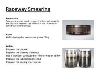 Raceway Smearing
• Appearance
Transverse smear streaks - spaced at intervals equal to
the distance between the rollers - in the raceways of
cylindrical roller bearings.
• Cause
Roller slipping due to excessive grease filling
• Action
Improve the preload
Improve the bearing clearance
Use a lubricant with good oil film formation ability
Improve the lubrication method
Improve the sealing mechanism
 